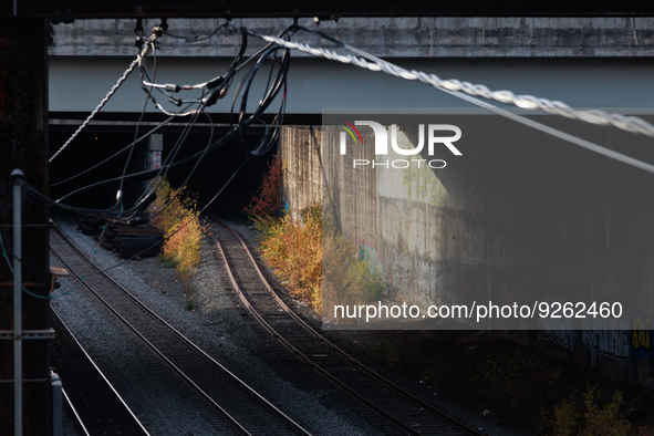 Sunlight shines on railway tracks in Washington, D.C. on November 29, 2022 as Congress prepares to act to avoid a potential nationwide labor...