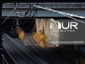 Sunlight shines on railway tracks in Washington, D.C. on November 29, 2022 as Congress prepares to act to avoid a potential nationwide labor...