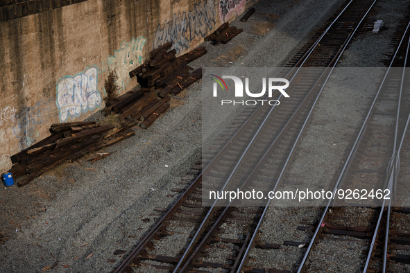 Sunlight shines on railway tracks in Washington, D.C. on November 29, 2022 as Congress prepares to act to avoid a potential nationwide labor...