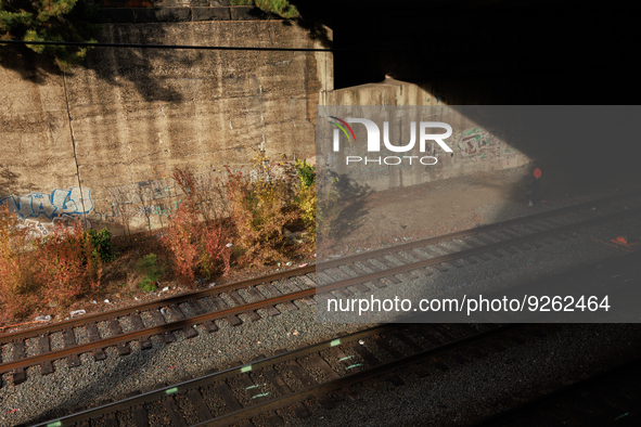 Sunlight shines on railway tracks in Washington, D.C. on November 29, 2022 as Congress prepares to act to avoid a potential nationwide labor...