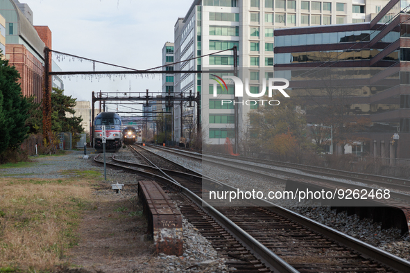 A commuter train approaches the Virginia Railway Express L'Enfant Station in Washington, D.C. on November 29, 2022 as Congress prepares to a...