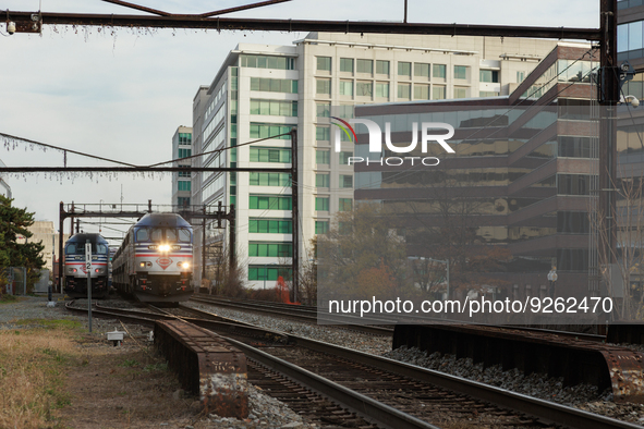 A commuter train approaches the Virginia Railway Express L'Enfant Station in Washington, D.C. on November 29, 2022 as Congress prepares to a...