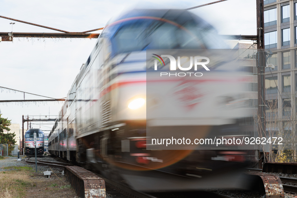 A commuter train approaches the Virginia Railway Express L'Enfant Station in Washington, D.C. on November 29, 2022 as Congress prepares to a...