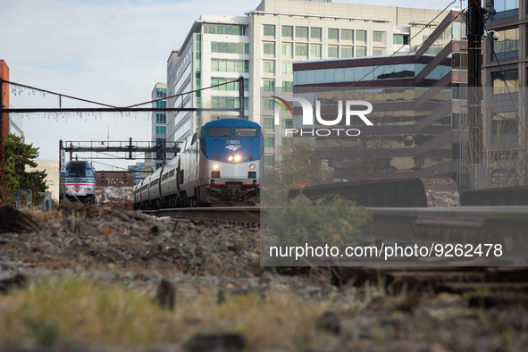 A commuter train approaches the Virginia Railway Express L'Enfant Station in Washington, D.C. on November 29, 2022 as Congress prepares to a...