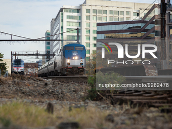 A commuter train approaches the Virginia Railway Express L'Enfant Station in Washington, D.C. on November 29, 2022 as Congress prepares to a...