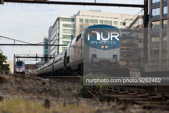 A commuter train approaches the Virginia Railway Express L'Enfant Station in Washington, D.C. on November 29, 2022 as Congress prepares to a...