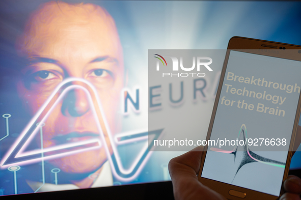 Neuralink logo displayed on mobil with founder Elon Musk seen on screen in the background. Neuralink Corporation is a neurotechnology compan...