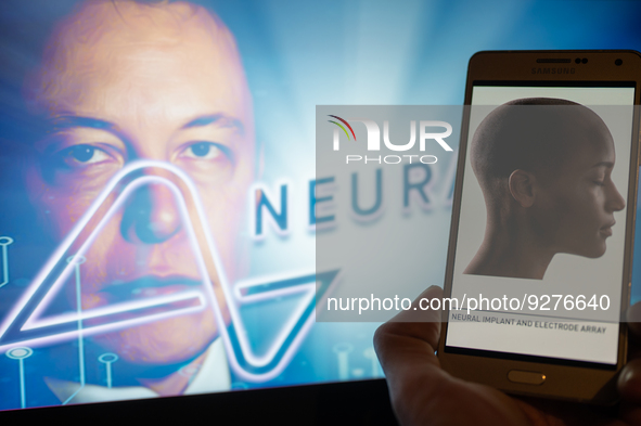 Neuralink logo displayed on mobil with founder Elon Musk seen on screen in the background. Neuralink Corporation is a neurotechnology compan...