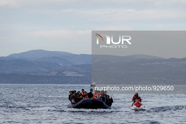 Migrants approach the coast of the northeastern Greek island of Lesbos on Thursday, Nov. 26, 2015. About 5,000 migrants are reaching Europe...