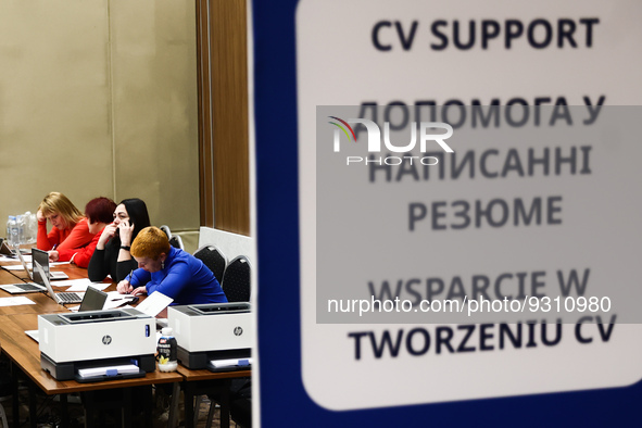 CV support point during the job fair, organized mainly for Ukrainian refugees, in Krakow, Poland on December 8, 2022. 