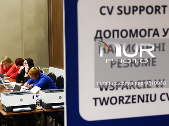 CV support point during the job fair, organized mainly for Ukrainian refugees, in Krakow, Poland on December 8, 2022. (