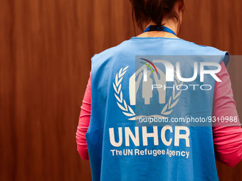 UNHCR logo is seen on a person's vest during the job fair, organized mainly for Ukrainian refugees, in Krakow, Poland on December 8, 2022. (