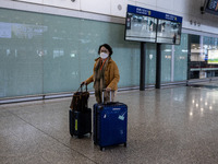 A women with luggages at the arrival hall inside Terminal 1 at Hong Kong International Airport on December 14, 2022 in Hong Kong, China. The...