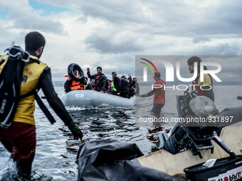  Migrants approach the coast of the northeastern Greek island of Lesbos on Thursday, Nov. 28, 2015. About 5,000 migrants are reaching Europe...