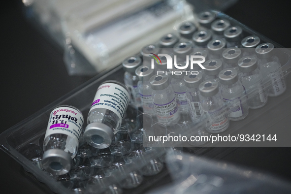 Vials of the COVID-19 vaccine at vaccination site inside the shopping mall in Bangkok on December 20, 2022 in Bangkok, Thailand. 