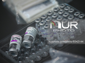 Vials of the COVID-19 vaccine at vaccination site inside the shopping mall in Bangkok on December 20, 2022 in Bangkok, Thailand. (