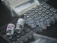 Vials of the COVID-19 vaccine at vaccination site inside the shopping mall in Bangkok on December 20, 2022 in Bangkok, Thailand. (