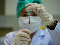 A health worker prepares syringes for administering the COVID-19 vaccine at vaccination site inside the shopping mall in Bangkok on December...