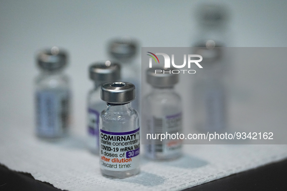 Vials of the COVID-19 vaccine at vaccination site inside the shopping mall in Bangkok on December 20, 2022 in Bangkok, Thailand. 