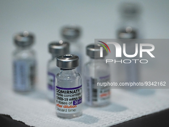 Vials of the COVID-19 vaccine at vaccination site inside the shopping mall in Bangkok on December 20, 2022 in Bangkok, Thailand. (