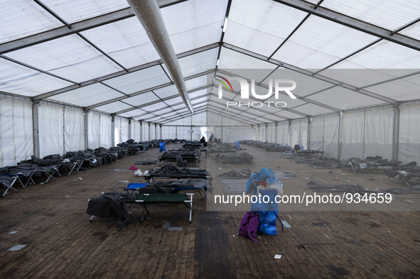 The refugee camp of Sentilj now empty, leaving the sign of the passage of refugees on November 29, 2015. 