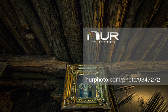 An orthodox icon in the underground base of ukrainian soldiers in the frontline of Zaporizhia region. 