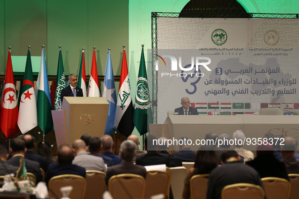 The director general of the Arab Association for Education, Culture and Science, Mohamed Ould Amar (L), during the opening of the proceeding...