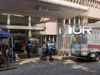 A General view showing the entrance for the emergency room at Kiang Wu Hospital on December 29, 2022 in Macau, China. (