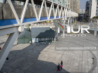 A General view showing a Covid-19 Community clinic under a bridge on December 29, 2022 in Macau, China. (