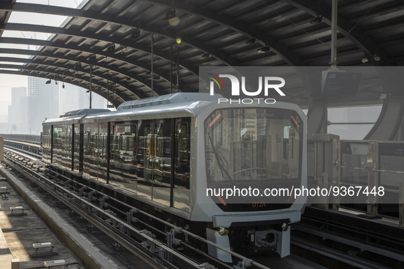 A train of the Macao Light Rapid Transit at a station platform on December 29, 2022 in Macau, China. 