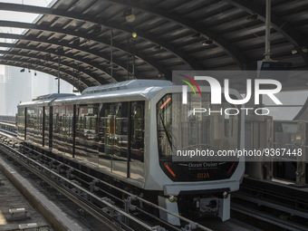 A train of the Macao Light Rapid Transit at a station platform on December 29, 2022 in Macau, China. (