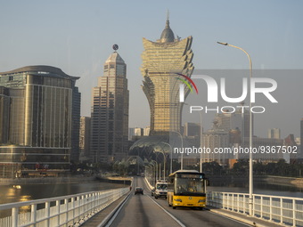 A General view showing traffic in front of the Grand Lisboa on December 29, 2022 in Macau, China. (