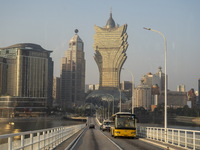 A General view showing traffic in front of the Grand Lisboa on December 29, 2022 in Macau, China. (