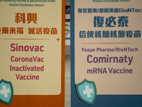 (Left) A sign for the Sinovac CoronaVac Inactivated Vaccine by China Biotechnology company, Sinovac Biotech Ltd., and (Right)a sign for the...