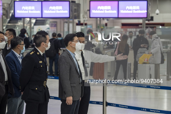 Hong Kong Chief Executive John Lee inspecting an Immigration checkpoint at Lok Ma Chau Control Point on January 8, 2023 in Hong Kong, China....