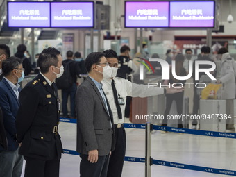 Hong Kong Chief Executive John Lee inspecting an Immigration checkpoint at Lok Ma Chau Control Point on January 8, 2023 in Hong Kong, China....