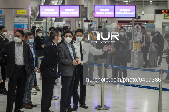 Hong Kong Chief Executive John Lee inspecting an Immigration checkpoint at Lok Ma Chau Control Point on January 8, 2023 in Hong Kong, China....