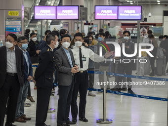 Hong Kong Chief Executive John Lee inspecting an Immigration checkpoint at Lok Ma Chau Control Point on January 8, 2023 in Hong Kong, China....