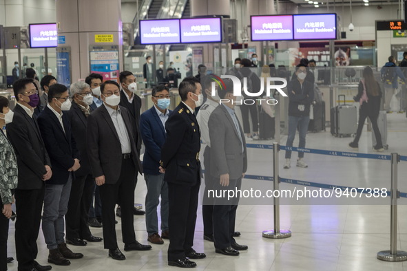 Hong Kong Chief Executive John Lee inspecting an Immigration checkpoint at Lok Ma Chau Control Point on January 8, 2023 in Hong Kong, China....