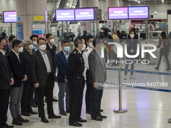 Hong Kong Chief Executive John Lee inspecting an Immigration checkpoint at Lok Ma Chau Control Point on January 8, 2023 in Hong Kong, China....