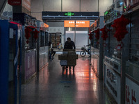 A worker pushing a cart next to closed store inside a shopping center in Huaqiangbei, a popular place to buy electronic goods on January 8,...