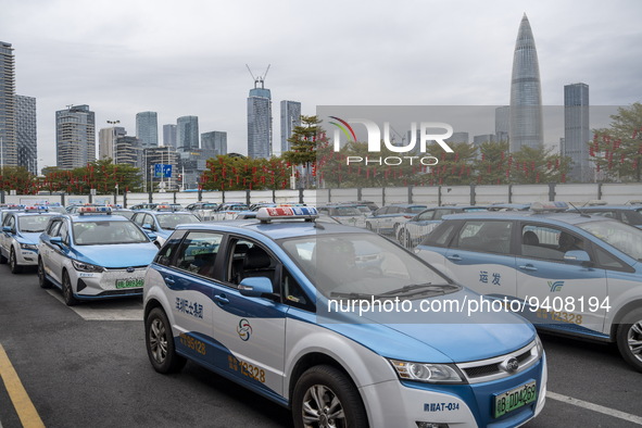 Taxis waiting in a Taxi Stop on January 8, 2023 in Shenzhen, China. China today lifts its requirement for inbound travelers to undergo a man...