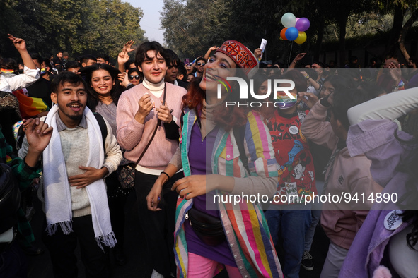 Participants and supporters of LGBTQ community dance during the annual Delhi Queer Pride March, an event promoting lesbian, gay, bisexual an...