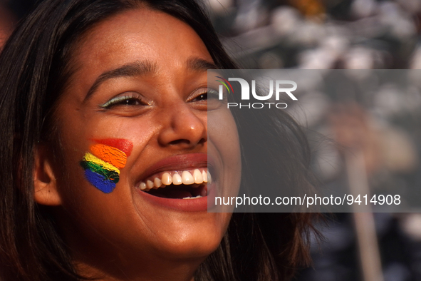 A participant with a rainbow painted face takes part in the annual Delhi Queer Pride March, an event promoting lesbian, gay, bisexual and tr...