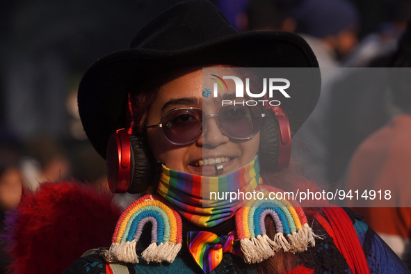 A participant dressed in rainbow colors takes part in the annual Delhi Queer Pride March, an event promoting lesbian, gay, bisexual and tran...