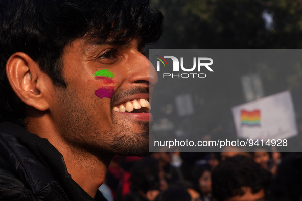 A participant with a rainbow painted face takes part in the annual Delhi Queer Pride March, an event promoting lesbian, gay, bisexual and tr...