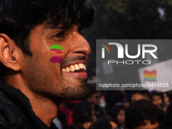 A participant with a rainbow painted face takes part in the annual Delhi Queer Pride March, an event promoting lesbian, gay, bisexual and tr...