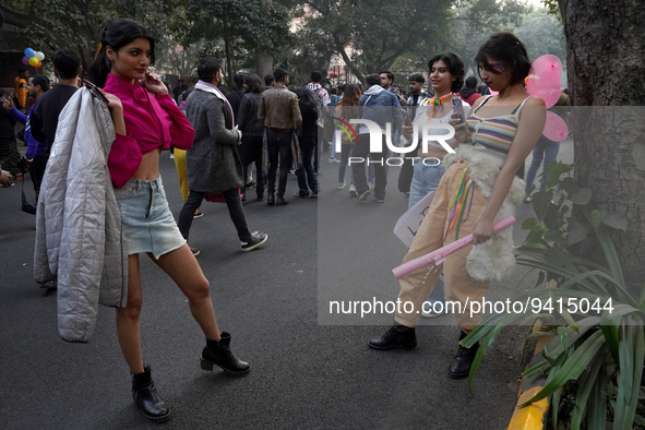 Participants click a picture as they take part in the annual Delhi Queer Pride March, an event promoting lesbian, gay, bisexual and transgen...