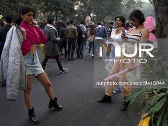 Participants click a picture as they take part in the annual Delhi Queer Pride March, an event promoting lesbian, gay, bisexual and transgen...