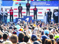 podium, celebration portrait DENNIS Jake (gbr), Avalanche Andretti Formula E, Spark-Porsche, Porsche 99X Electric, WEHRLEIN Pascal (ger), TA...